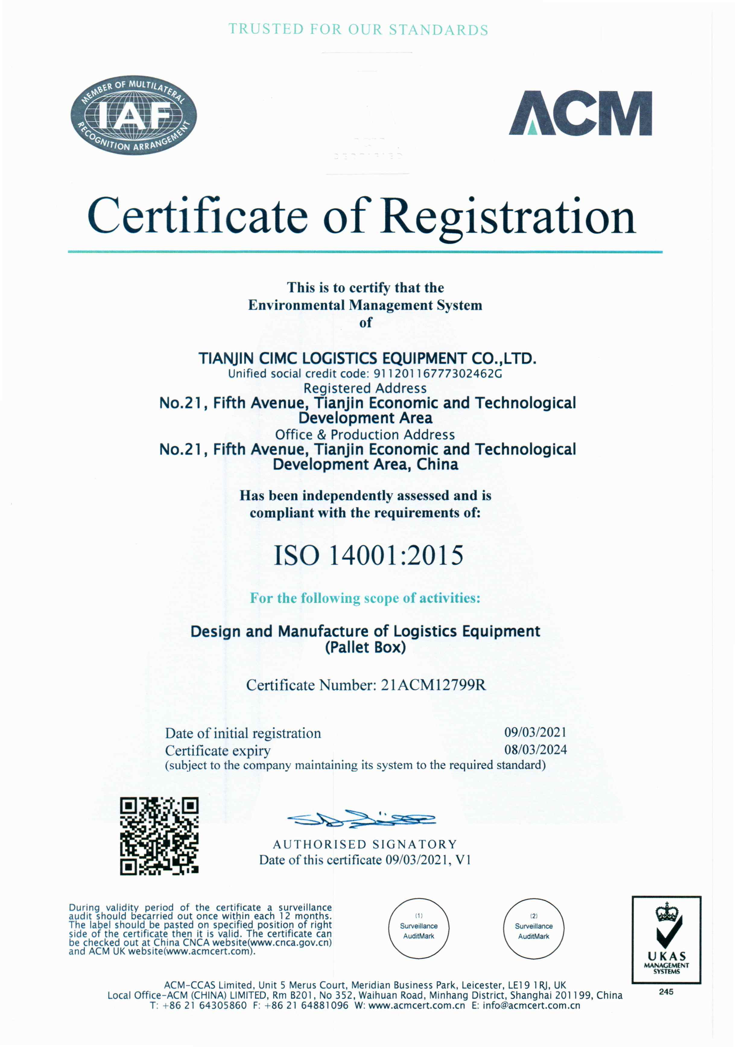 ISO 14001:2015 certificate of registration